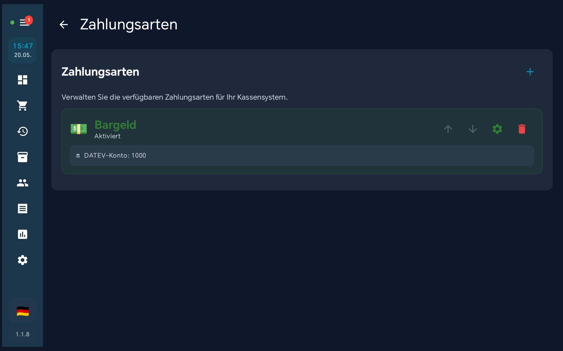 Liste der Zahlungsarten — Plus-Symbol oben rechts
