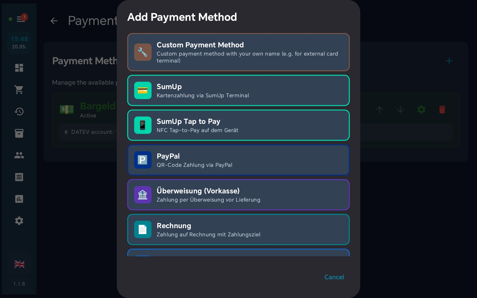 Add payment method dialog — Custom payment method on top