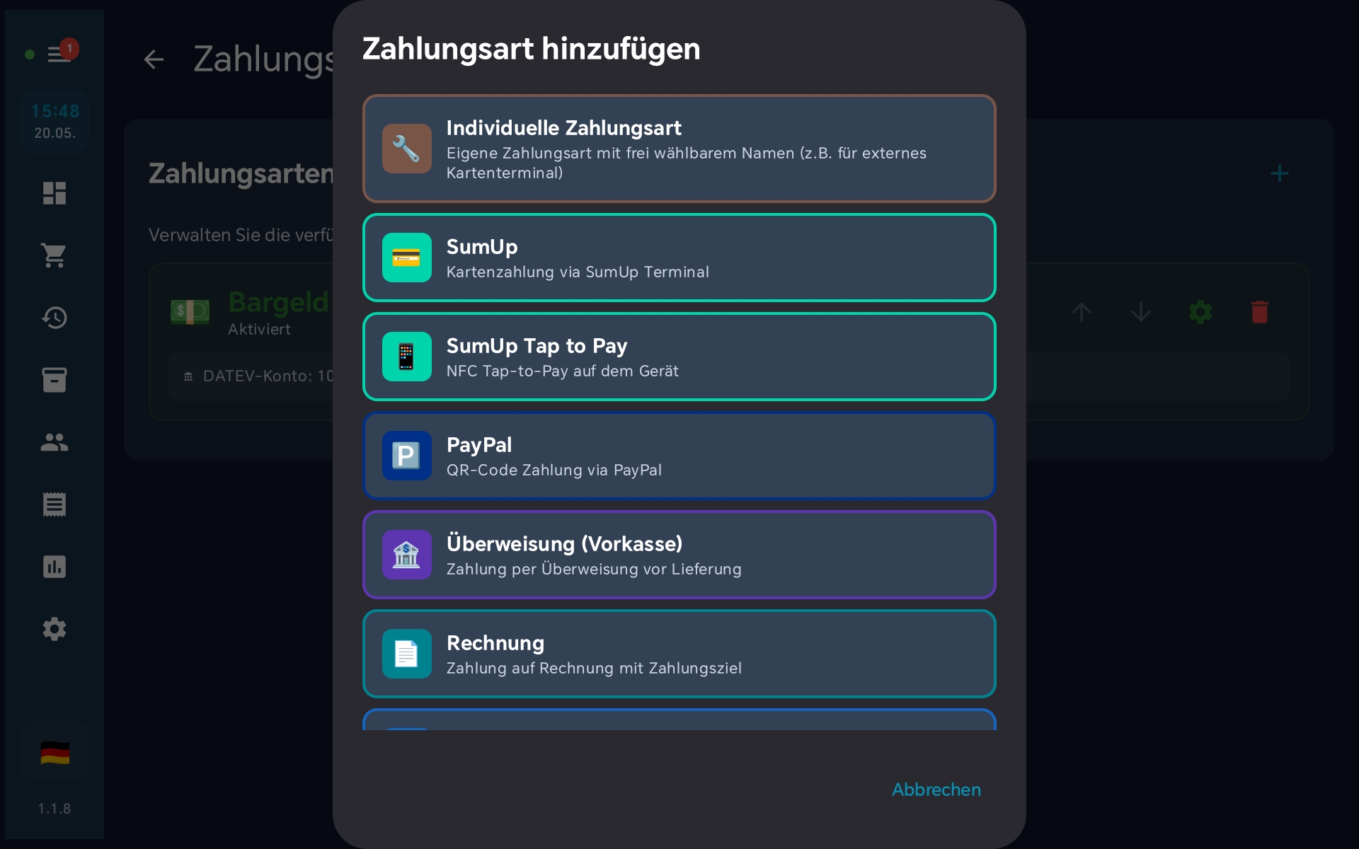 Dialog Zahlungsart hinzufügen — Individuelle Zahlungsart oben