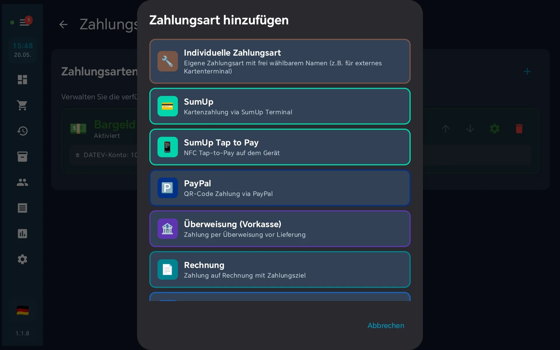 Dialog Zahlungsart hinzufügen — Individuelle Zahlungsart oben