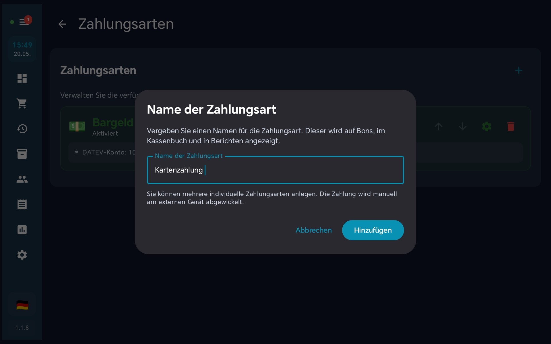 Name Kartenzahlung eingegeben — Hinzufügen