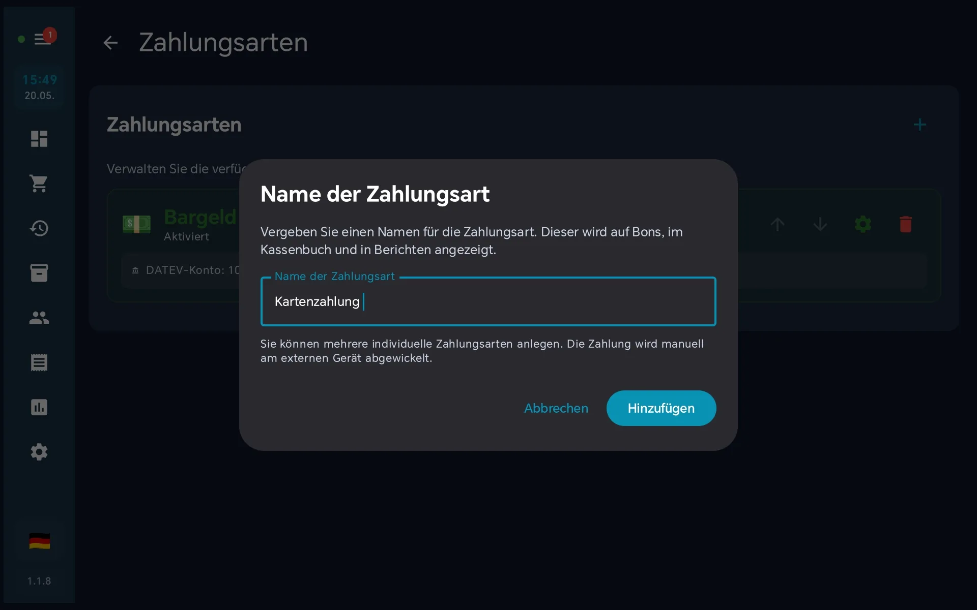 Name Kartenzahlung eingegeben — Hinzufügen