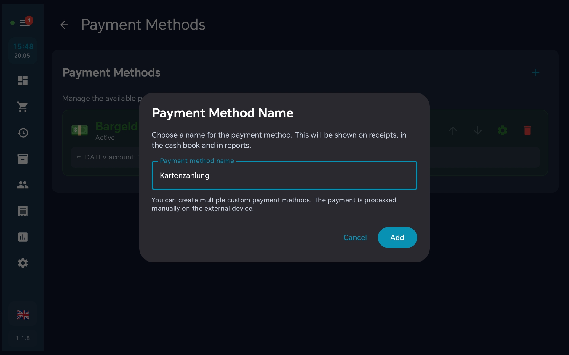 Name Kartenzahlung entered — Add