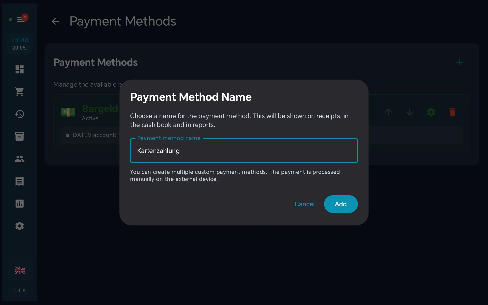 Name Kartenzahlung entered — Add