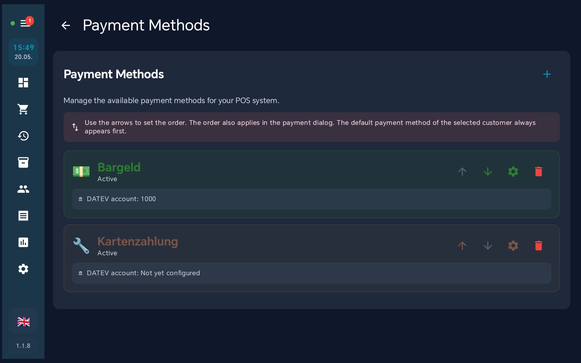 Payment methods list with new card Kartenzahlung