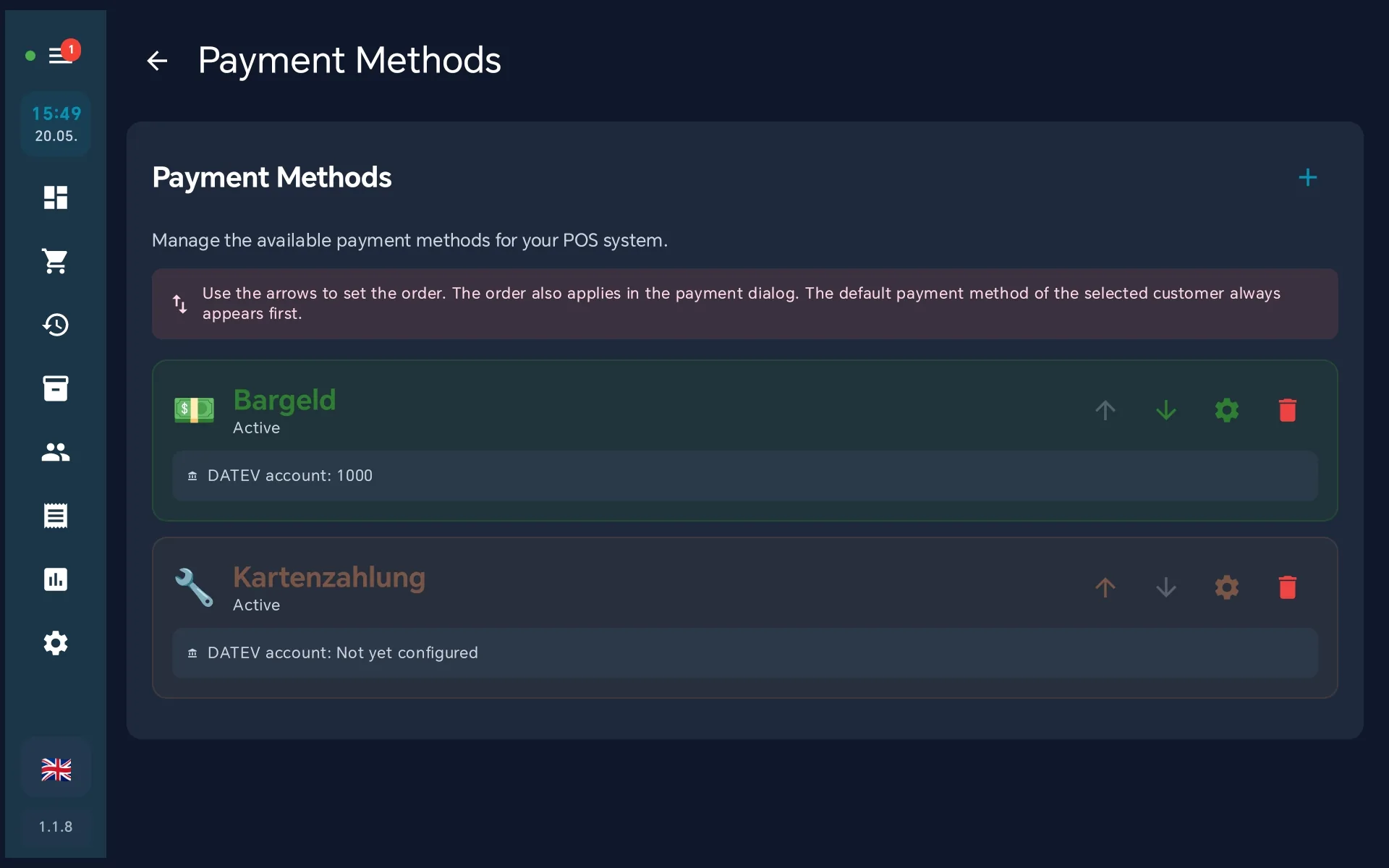 Payment methods list with new card Kartenzahlung