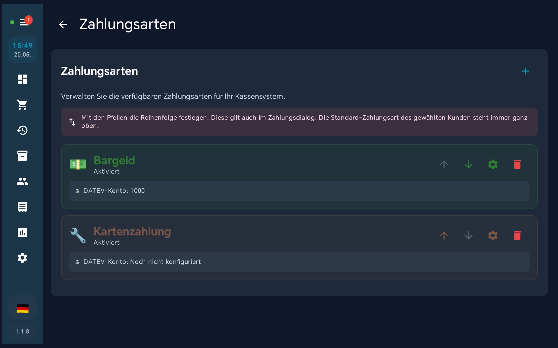 Zahlungsarten-Liste mit neuer Karte Kartenzahlung