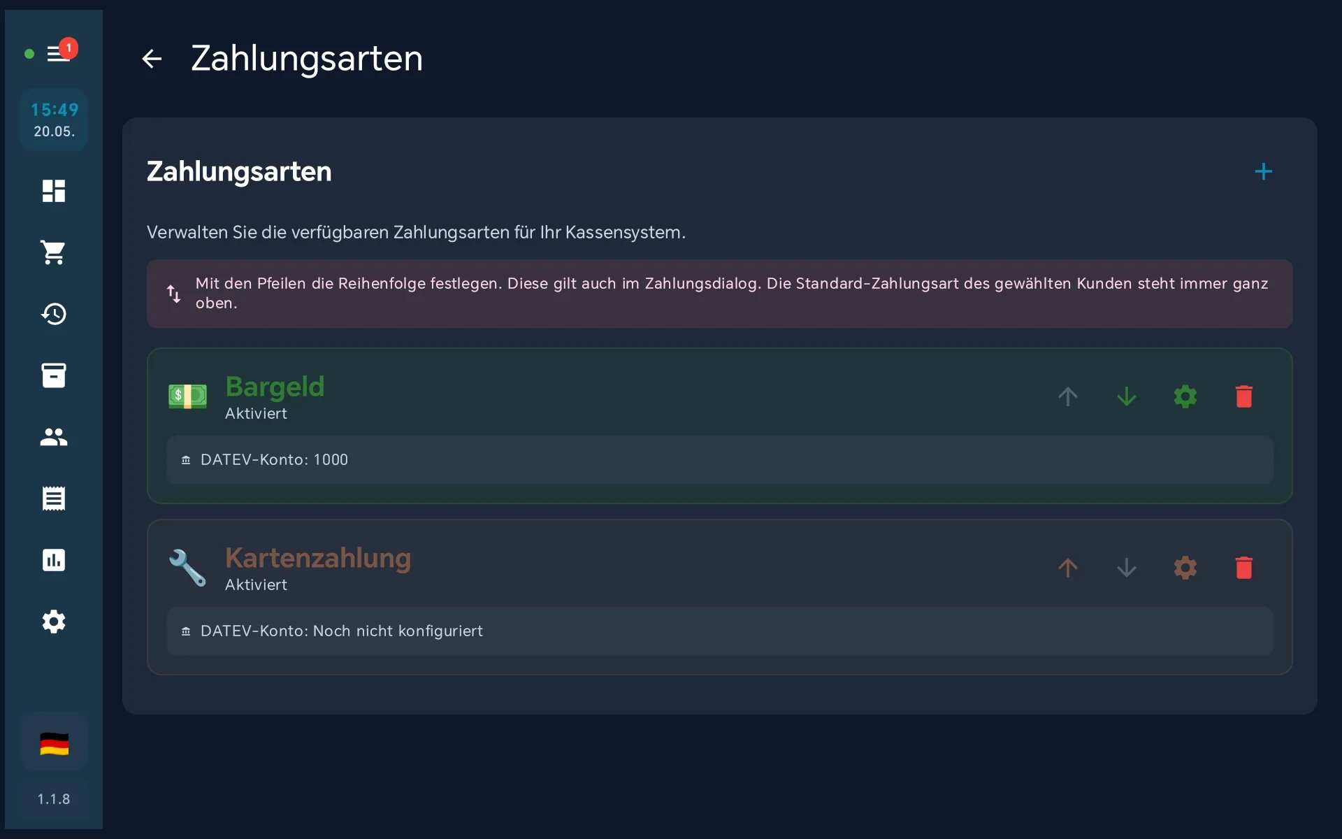 Zahlungsarten-Liste mit neuer Karte Kartenzahlung