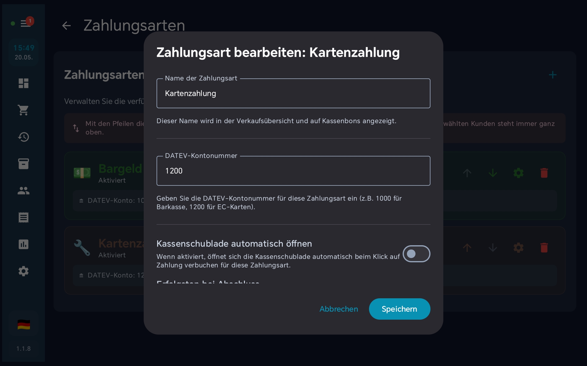 Bearbeiten-Dialog — DATEV-Konto 1200 eingetragen