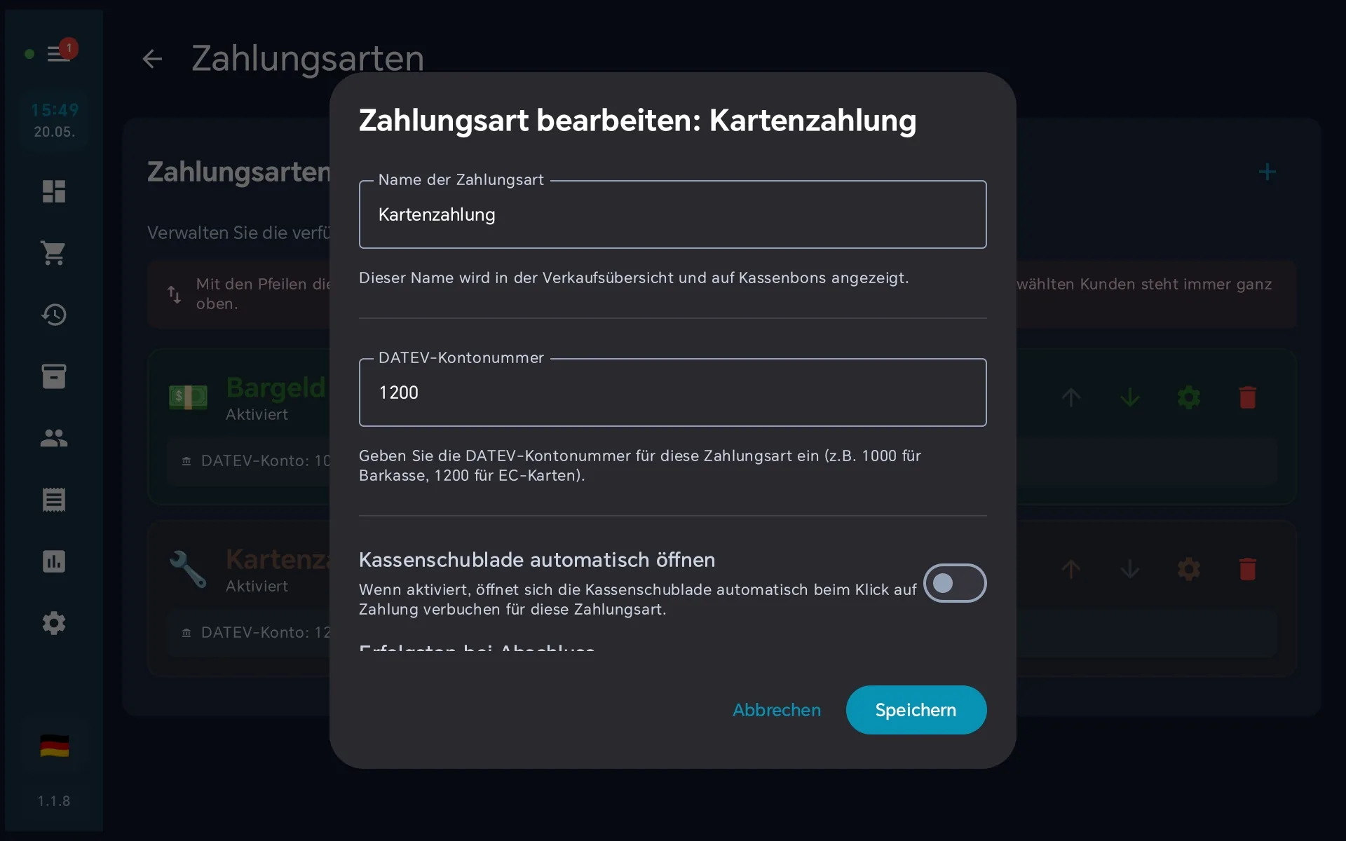 Bearbeiten-Dialog — DATEV-Konto 1200 eingetragen