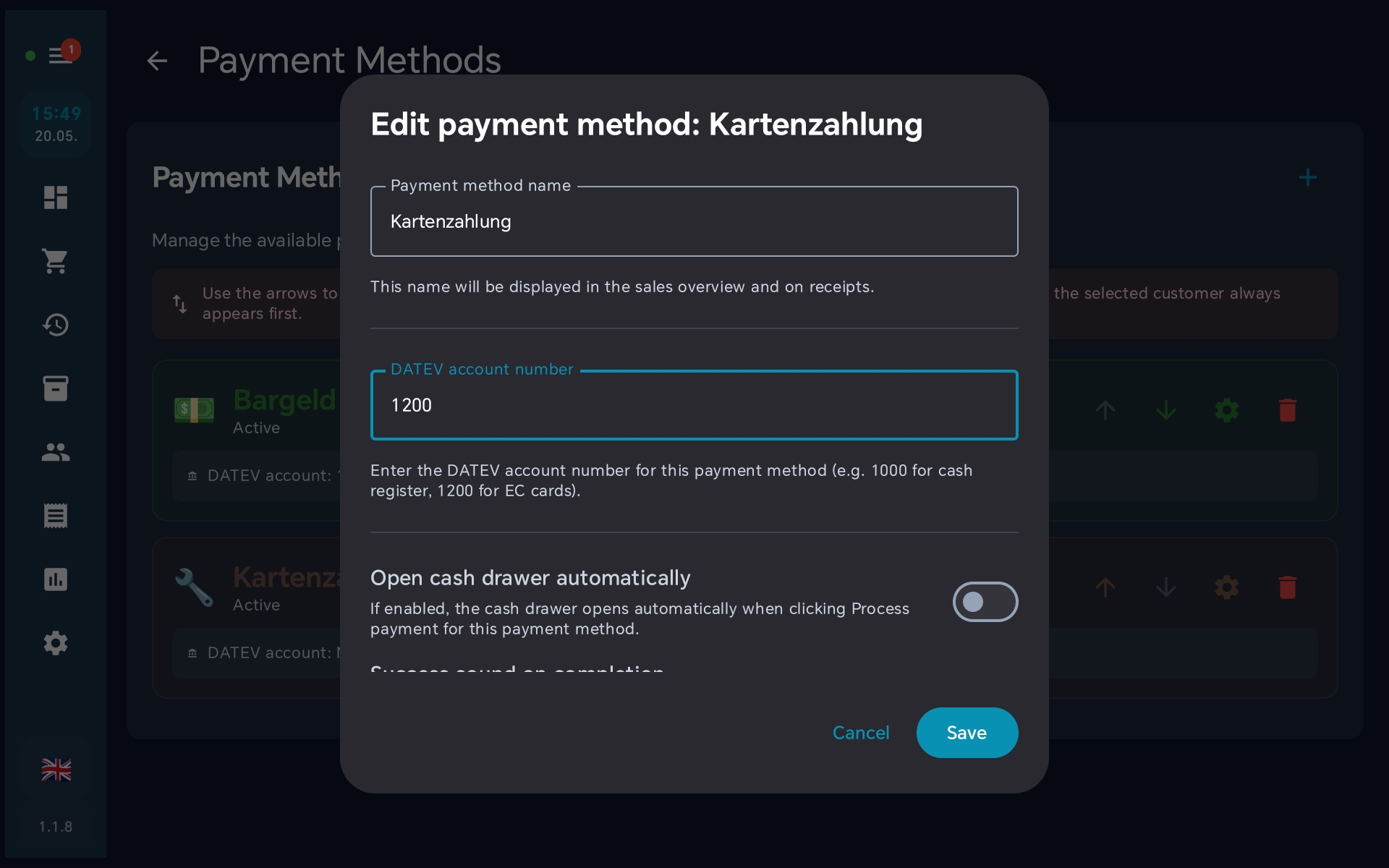 Edit dialog — DATEV account 1200 entered