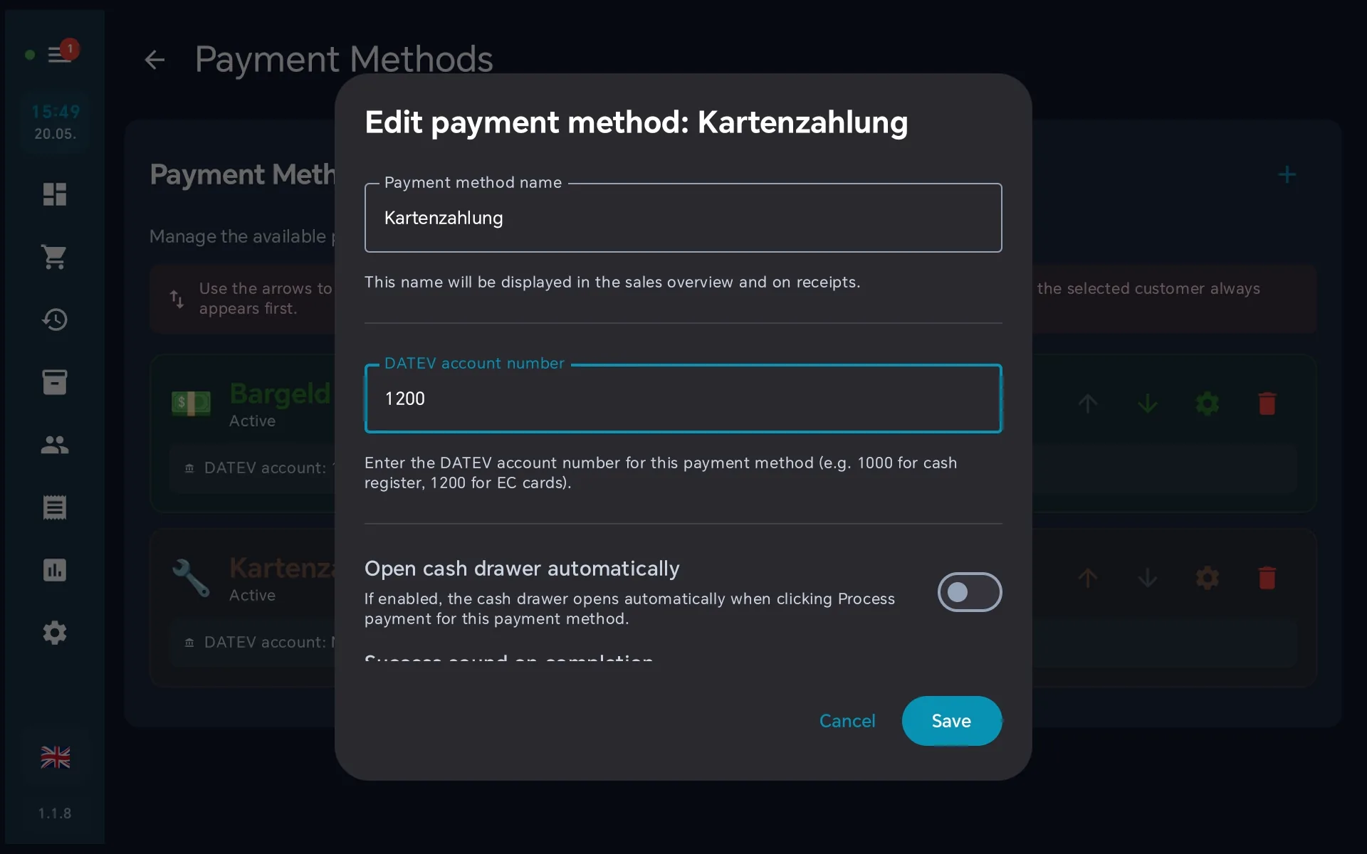 Edit dialog — DATEV account 1200 entered