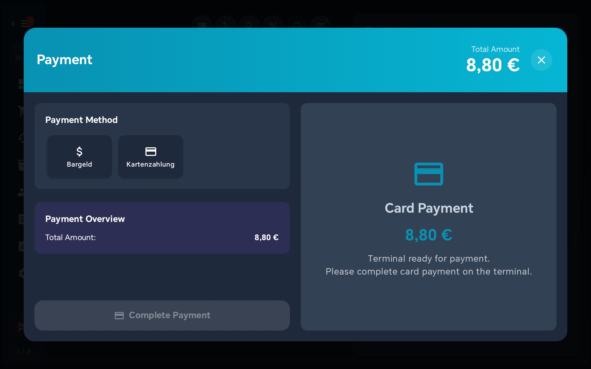 Payment dialog — Card payment selected, terminal ready