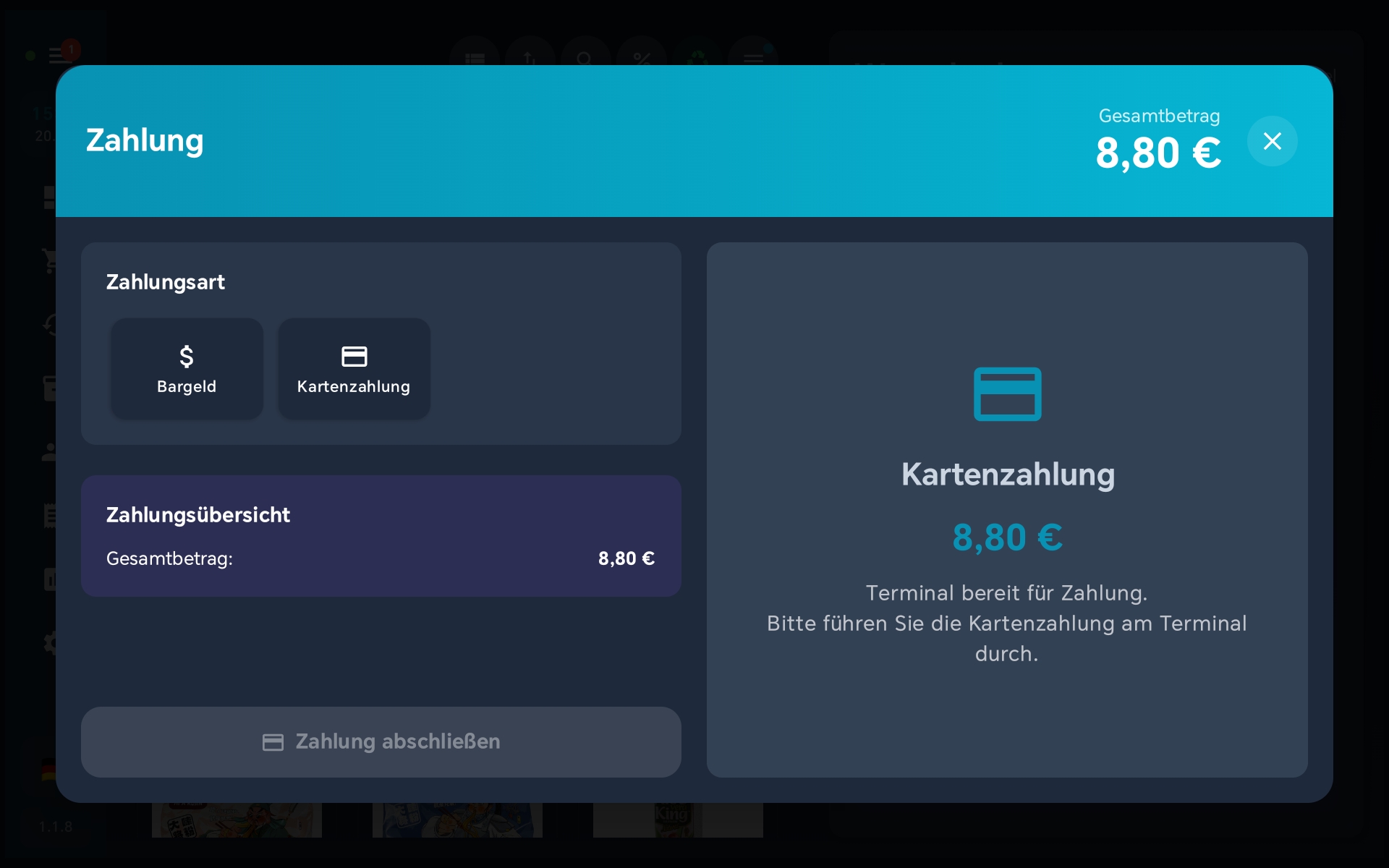 Zahlungsdialog — Kartenzahlung gewählt, Terminal bereit