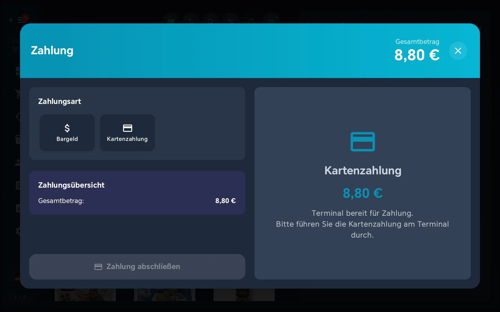 Zahlungsdialog — Kartenzahlung gewählt, Terminal bereit