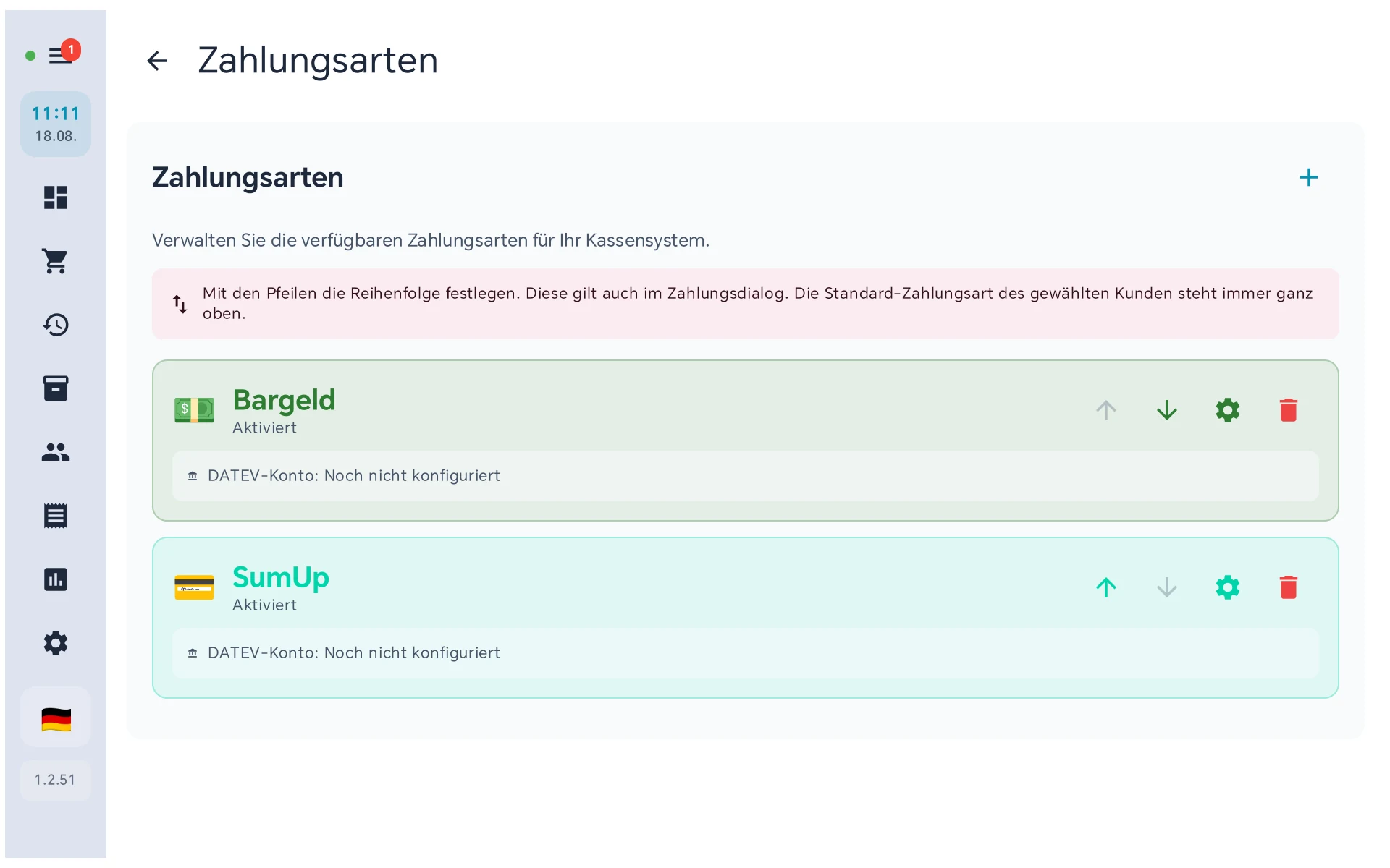 Liste der eingerichteten Zahlungsarten mit Bar, Karte und eigenen Arten