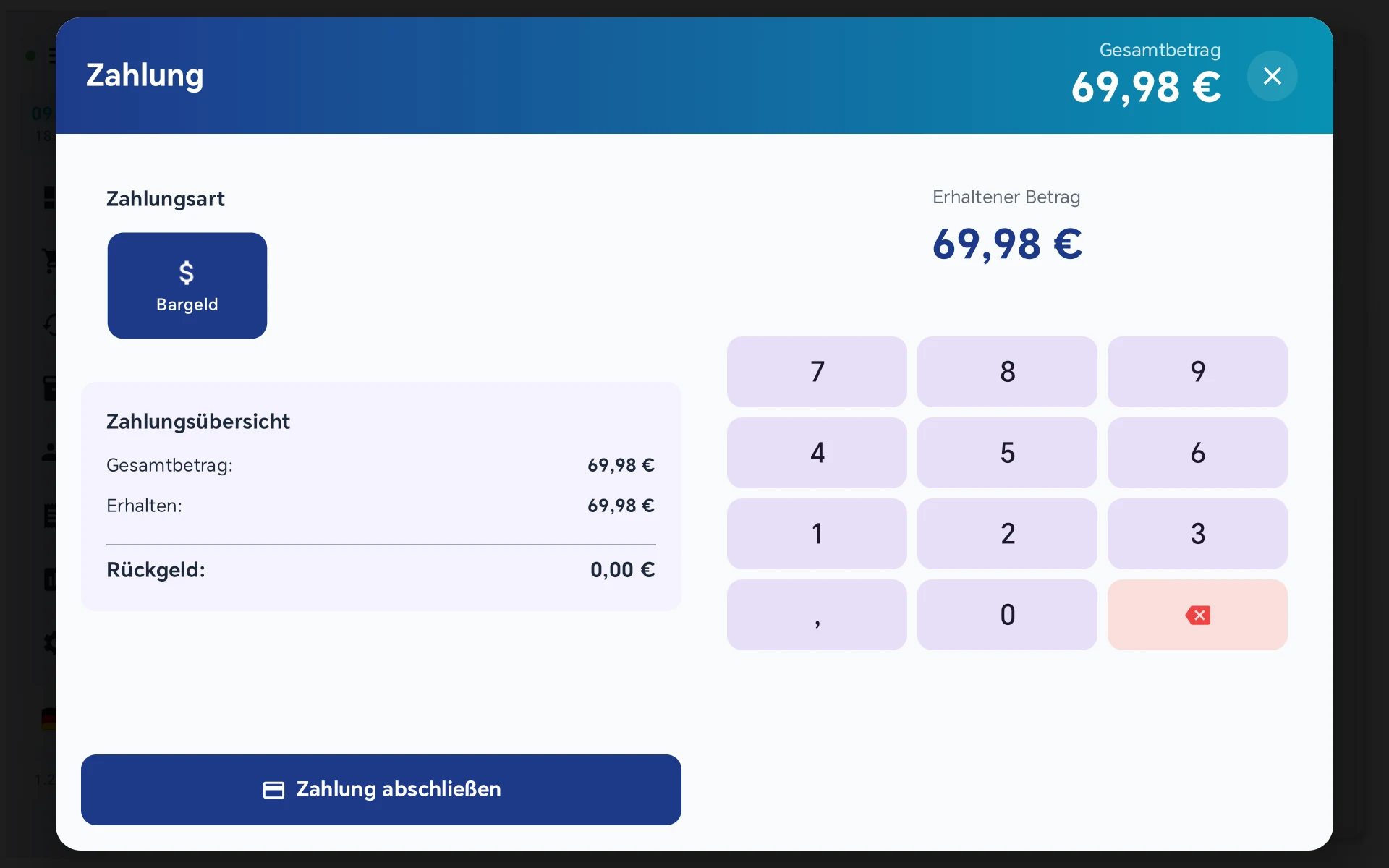 Bezahldialog der Kasse mit vorgewählter Zahlungsart und vollständig sichtbarem Bezahlen-Knopf