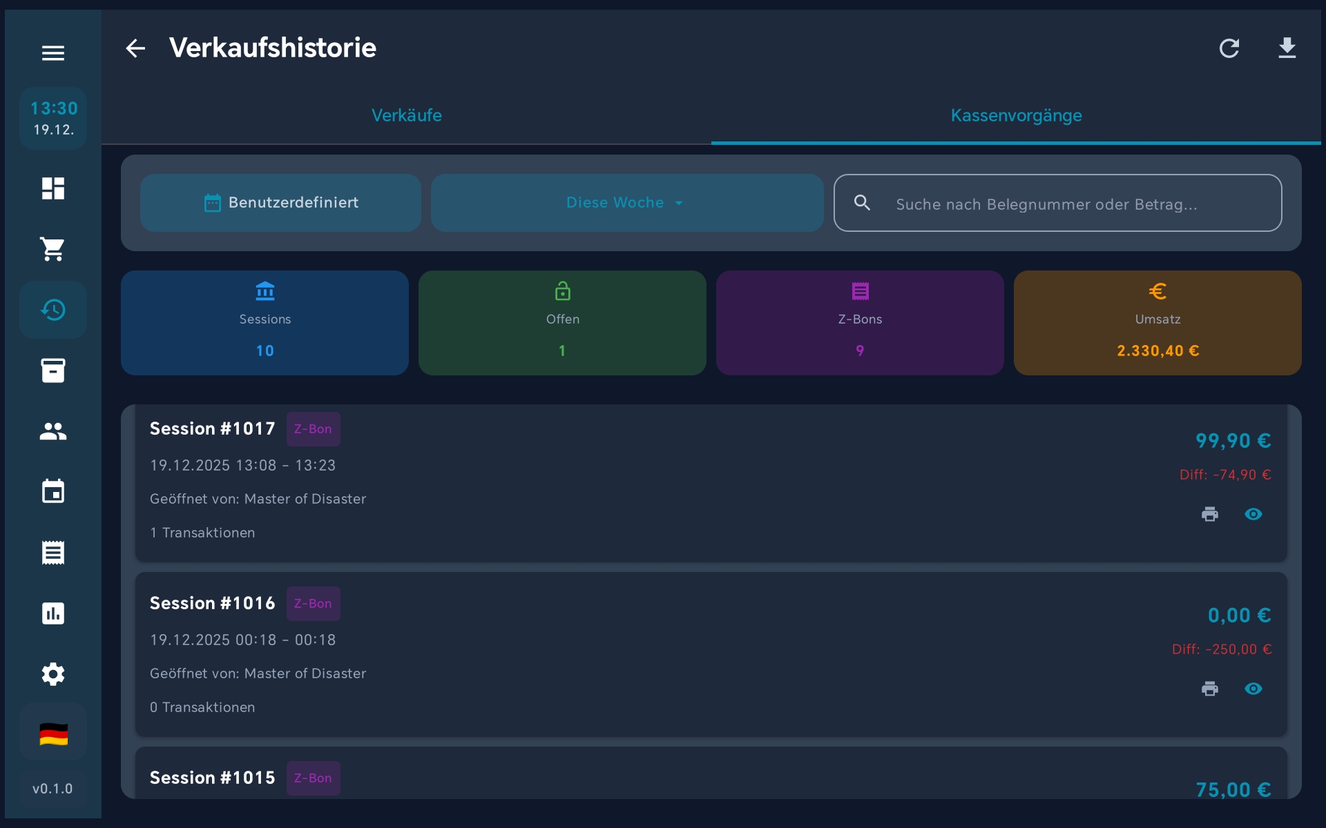 Z-Bon Historie - Alle Tagesabschlüsse