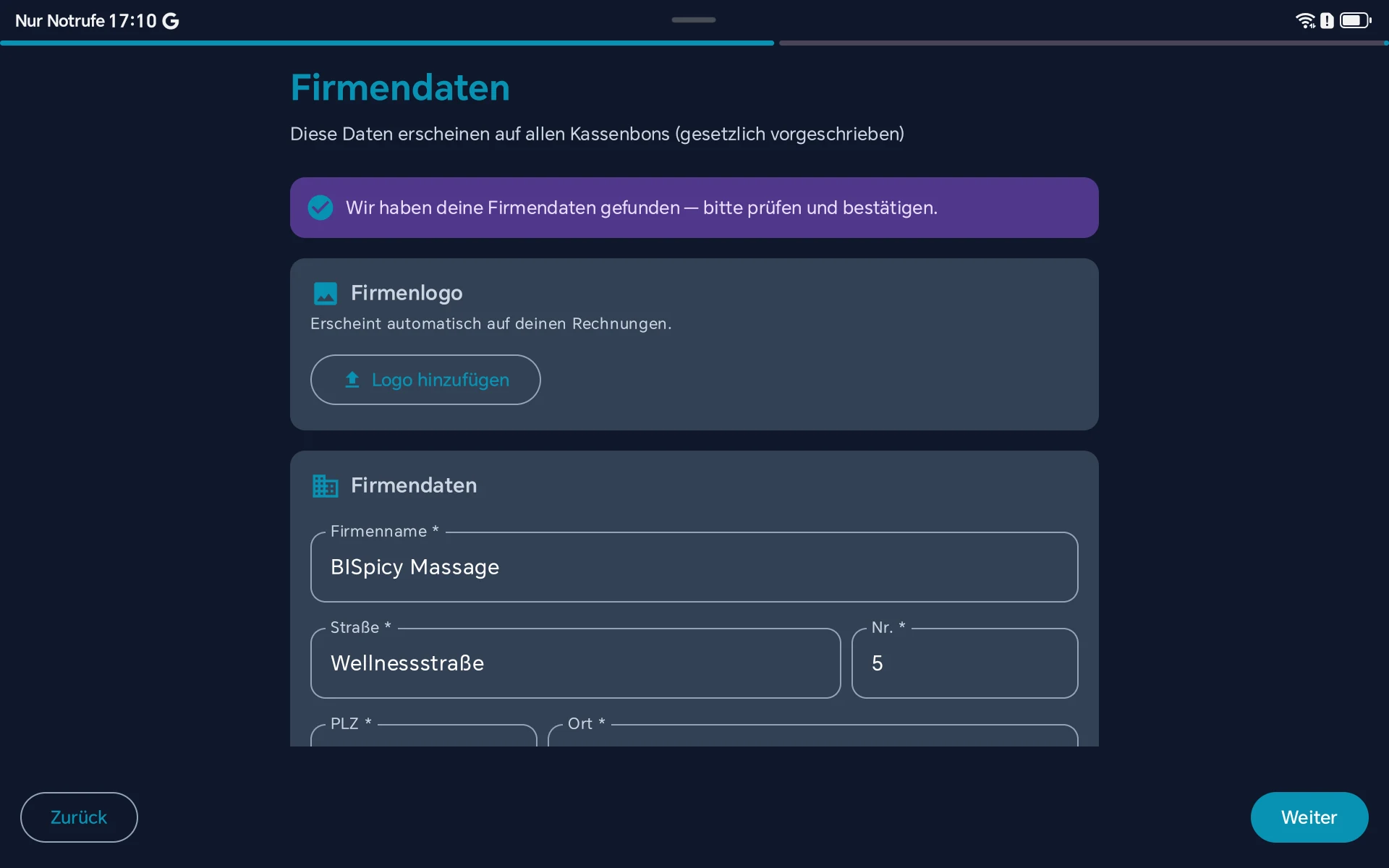 Setup Wizard - Firmeninformationen mit Logo-Upload