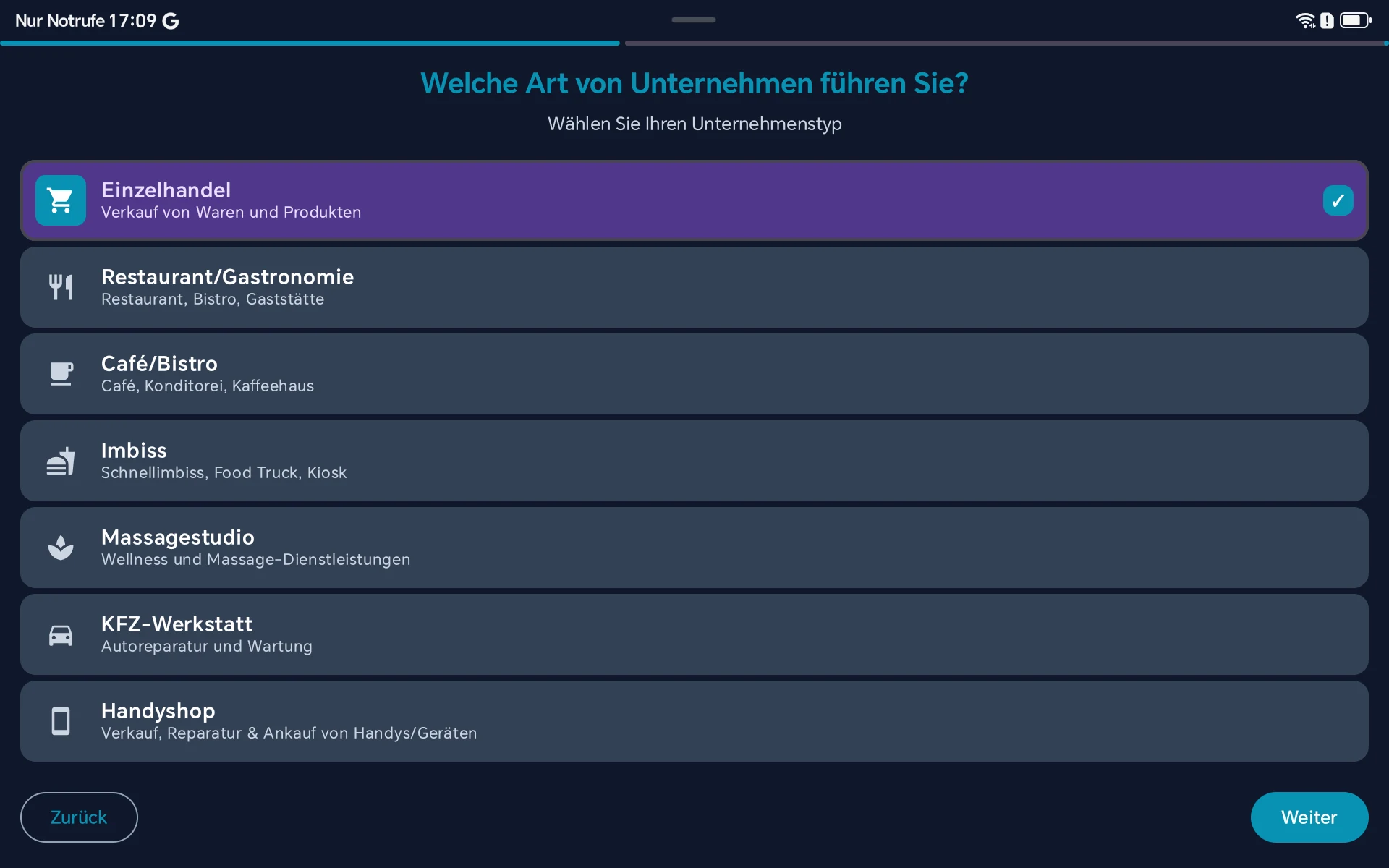 Setup Wizard - Branchenauswahl