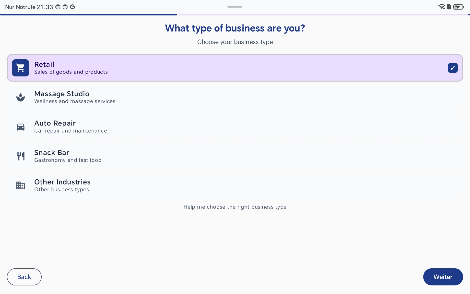 Setup Wizard - Branche ausgewählt