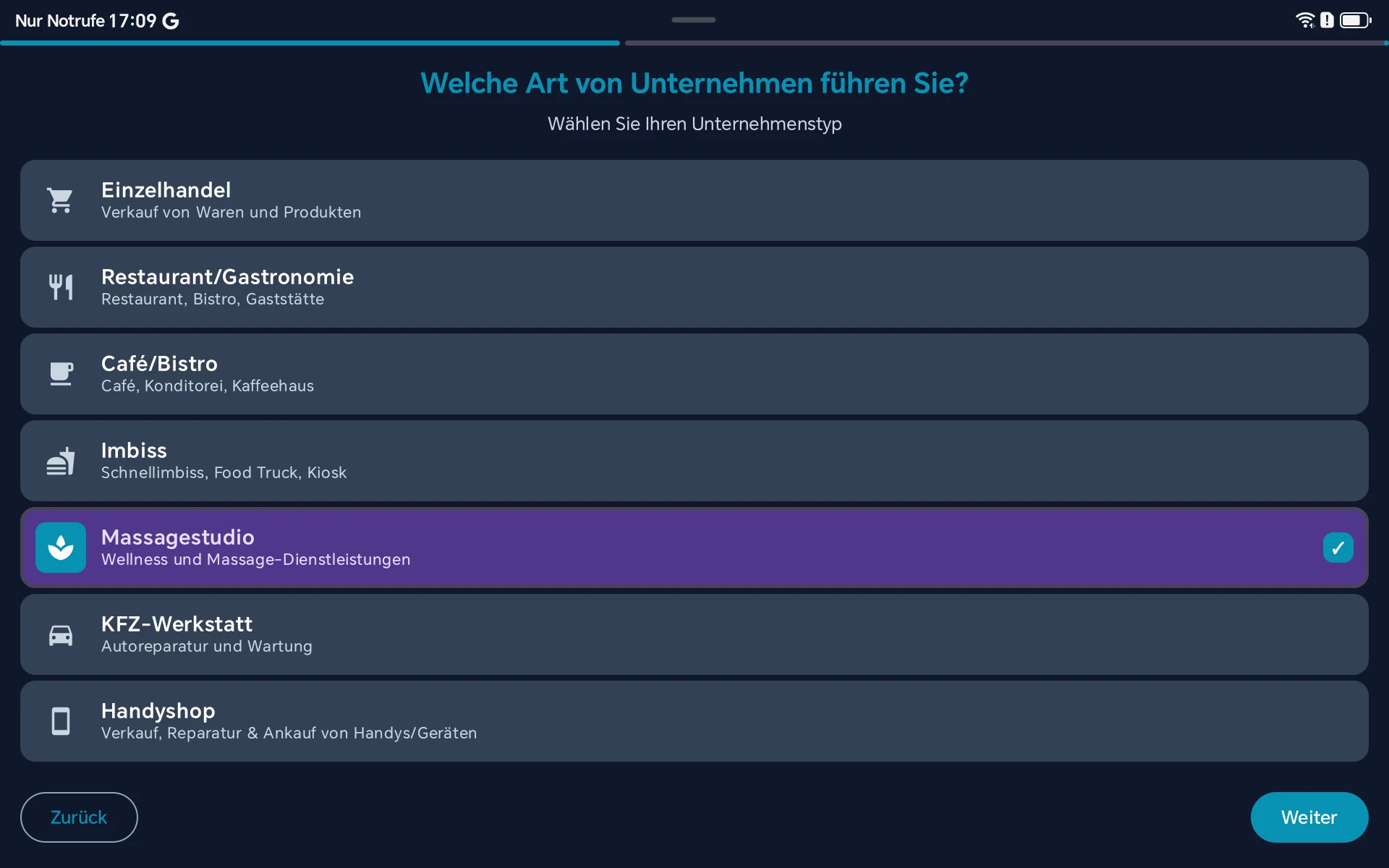 Setup Wizard - Branche ausgewählt