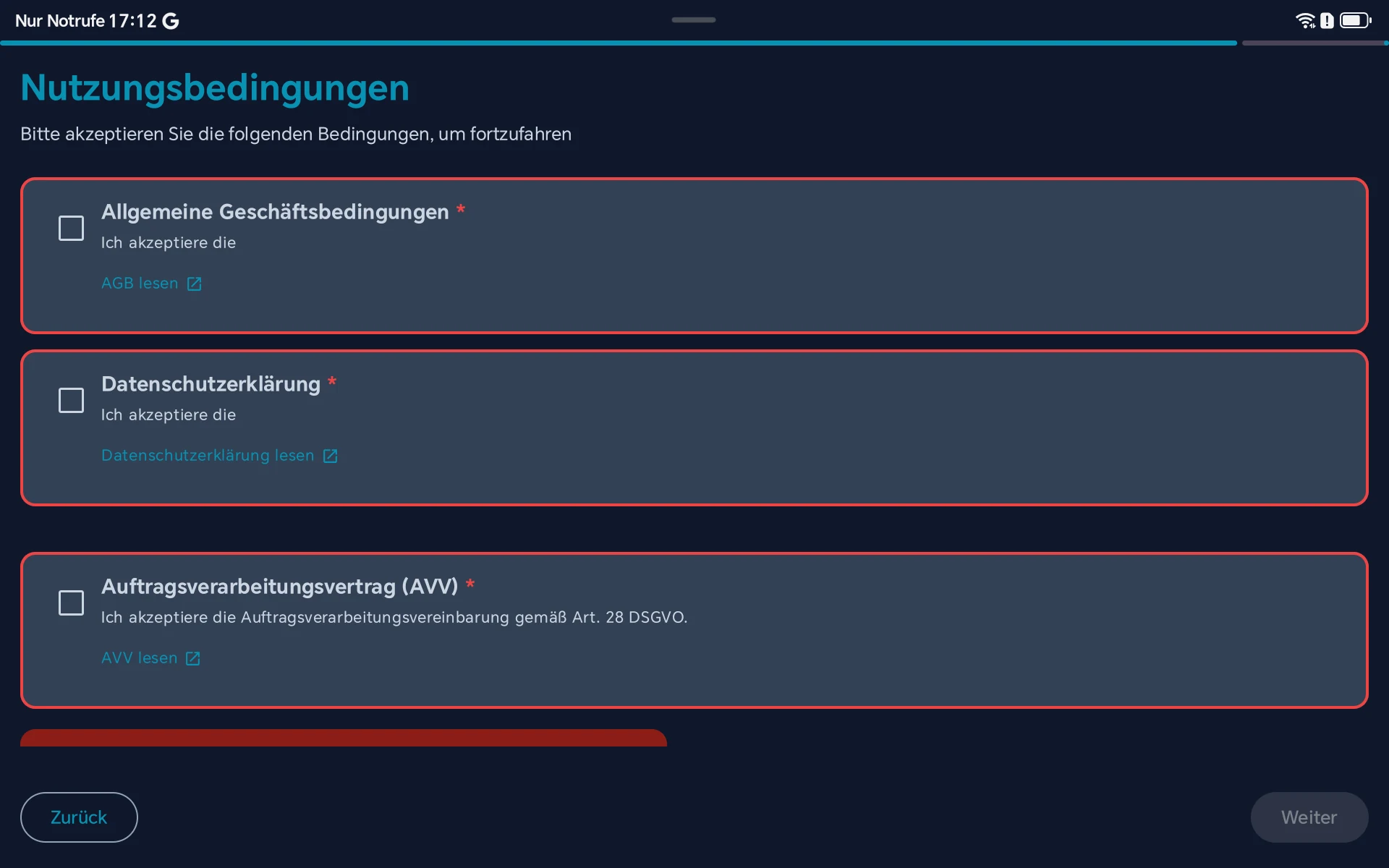 Setup Wizard - Nutzungsbedingungen (AGB, Datenschutz, AVV)