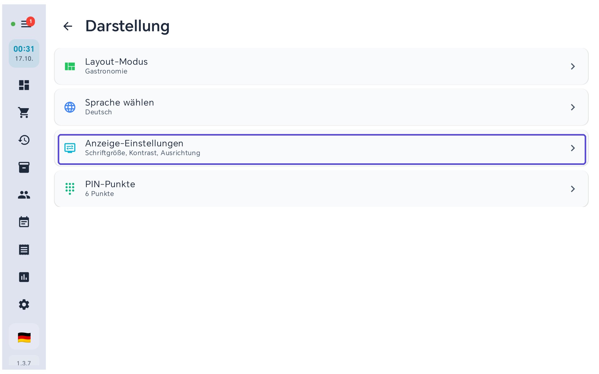 Einstellungen, Darstellung: Einträge Layout-Modus, Sprache wählen, Anzeige-Einstellungen und PIN-Punkte, Anzeige-Einstellungen markiert