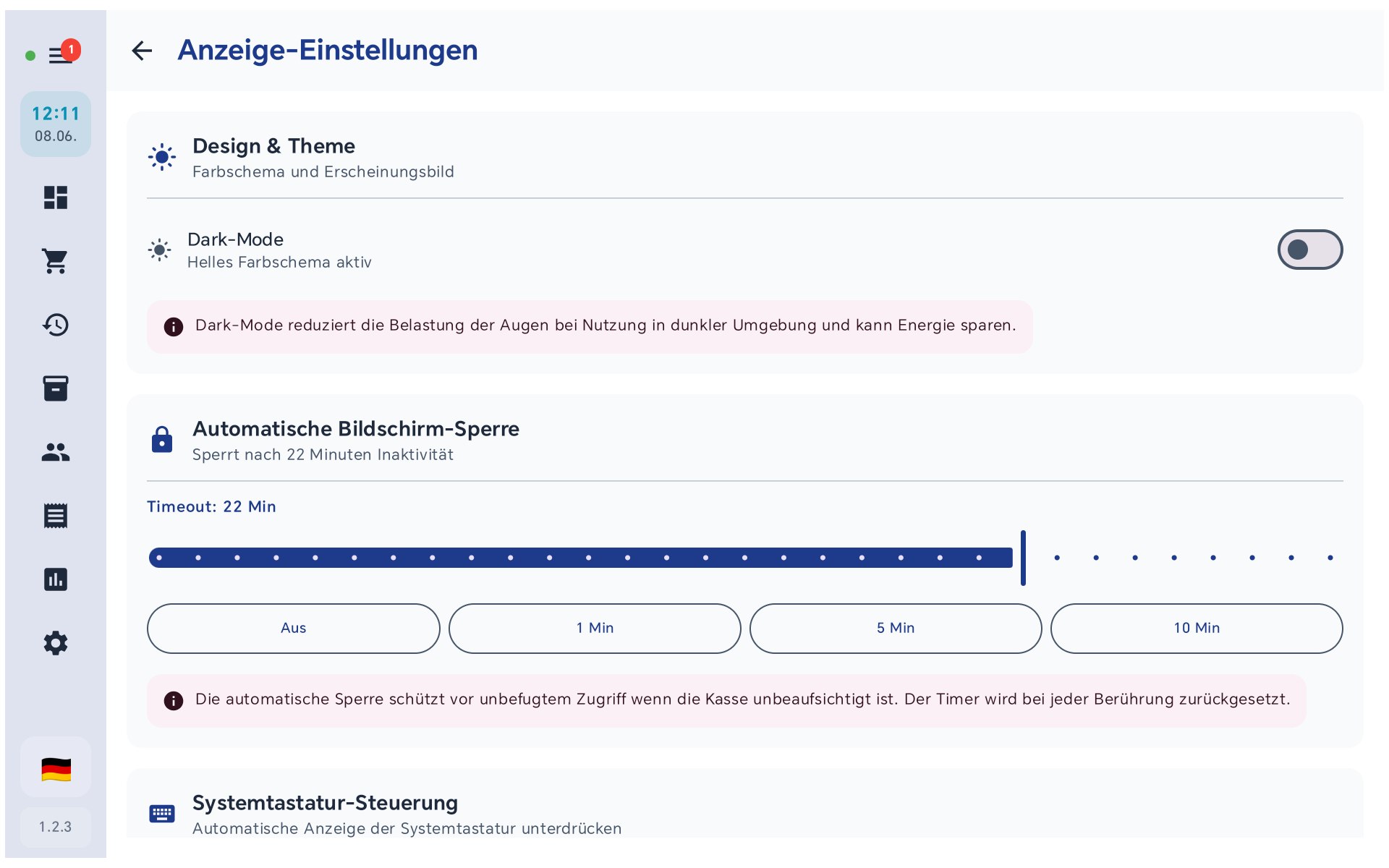 Anzeige-Einstellungen in BISpicy POS: Design und Theme mit Dark-Mode-Schalter und automatischer Bildschirmsperre