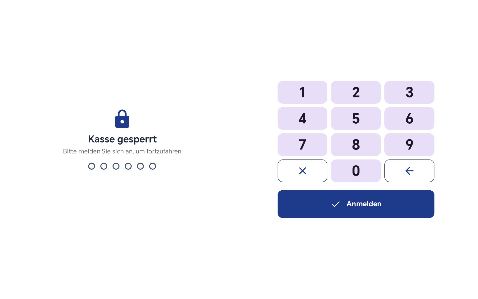 Gesperrte Kasse mit der Meldung Kasse gesperrt und der Mitarbeiter-Anmeldung per PIN