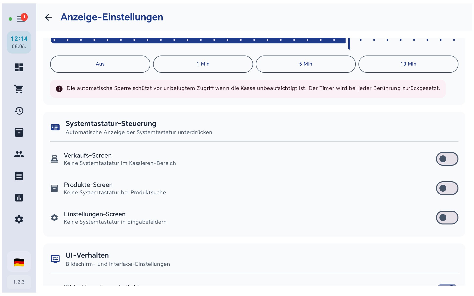 Automatische Bildschirmsperre mit Schieberegler und Schaltflaechen Aus, 1, 5, 10 Minuten sowie Systemtastatur-Steuerung