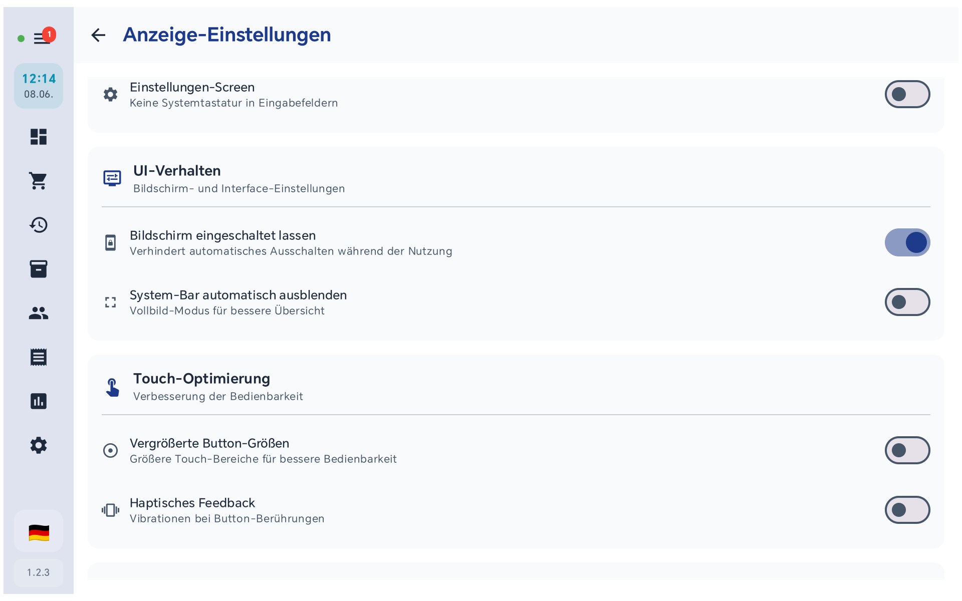 UI-Verhalten: Bildschirm eingeschaltet lassen, System-Bar ausblenden, sowie Touch-Optimierung