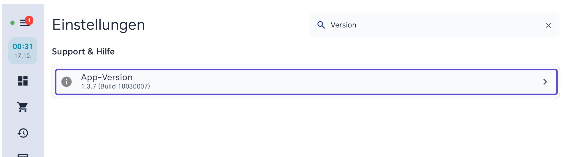 Einstellungen mit Suchbegriff Version: Eintrag App-Version 1.3.7 unter Support und Hilfe markiert