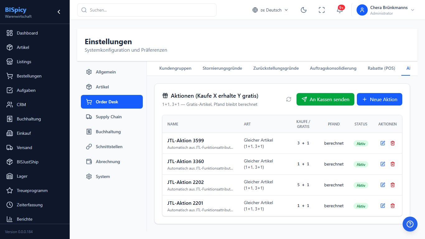BIS ERP Aktionen (POS): Liste der Aktionen mit Art, Kaufe/Gratis, Pfand, Status und An-Kassen-senden-Button