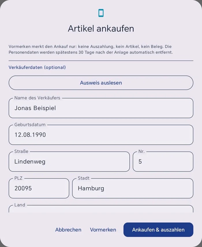Verkäuferdaten mit dem Knopf Ausweis auslesen und den ausgefüllten Feldern Name Jonas Beispiel, Geburtsdatum 12.08.1990, Straße Lindenweg, Nr. 5, PLZ 20095, Stadt Hamburg