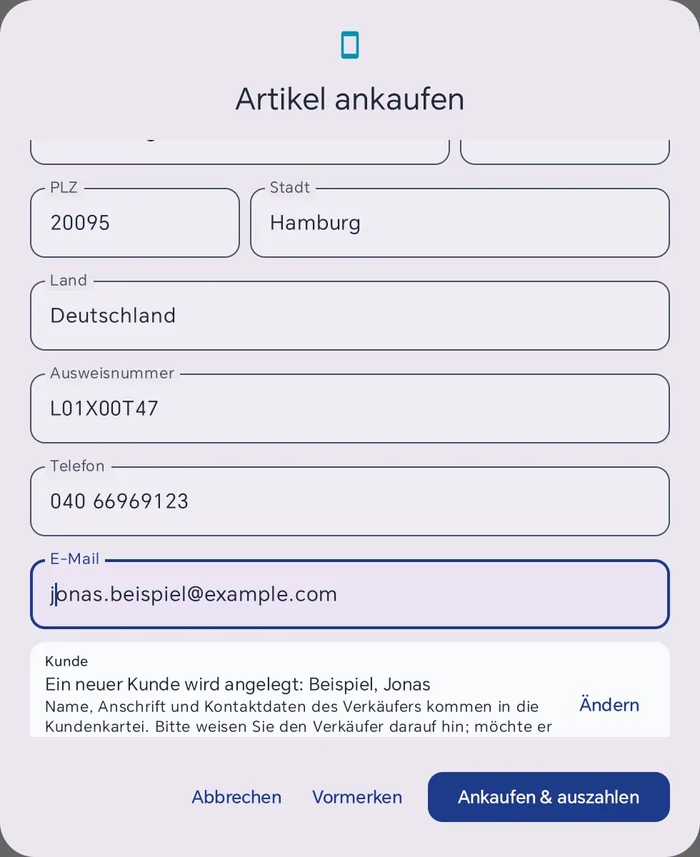 Weitere Verkäuferdaten: Land Deutschland, Ausweisnummer, Telefon, E-Mail, darunter die Zeile Kunde mit Ein neuer Kunde wird angelegt: Beispiel, Jonas und dem Knopf Ändern
