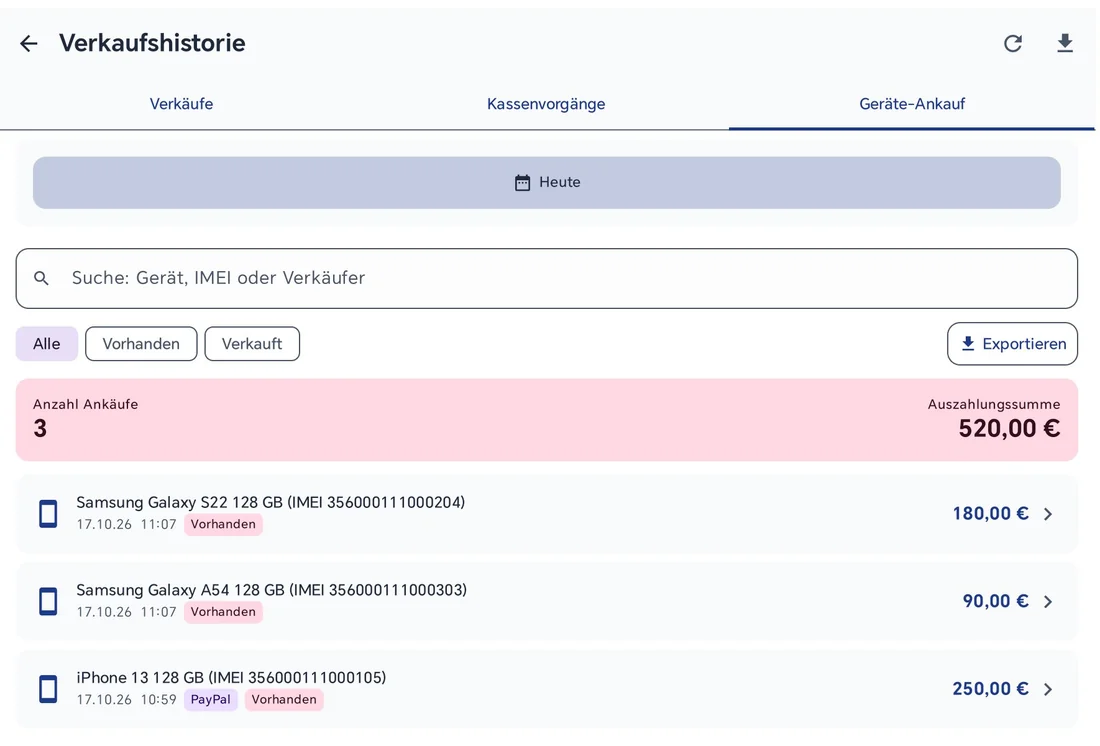 Verkaufshistorie, Reiter Geräte-Ankauf: Zeitraum Heute, Suche nach Gerät, IMEI oder Verkäufer, Filter Alle, Vorhanden und Verkauft, Exportieren, Anzahl Ankäufe 3 und Auszahlungssumme 520 Euro, darunter Samsung Galaxy S22, Samsung Galaxy A54 und iPhone 13 mit IMEI, Uhrzeit, Zahlart PayPal und Status Vorhanden