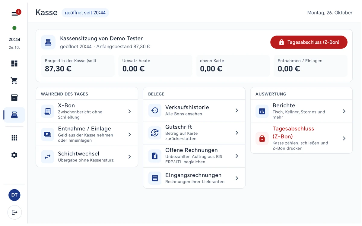 Seite Kasse in Kasse 1.3.17 mit Kassensitzung, Bargeld in der Kasse, Umsatz heute und den Bereichen Während des Tages (X-Bon, Entnahme / Einlage, Schichtwechsel), Belege (Verkaufshistorie, Gutschrift, Offene Rechnungen, Eingangsrechnungen) und Auswertung, ohne Eintrag für den Ankauf