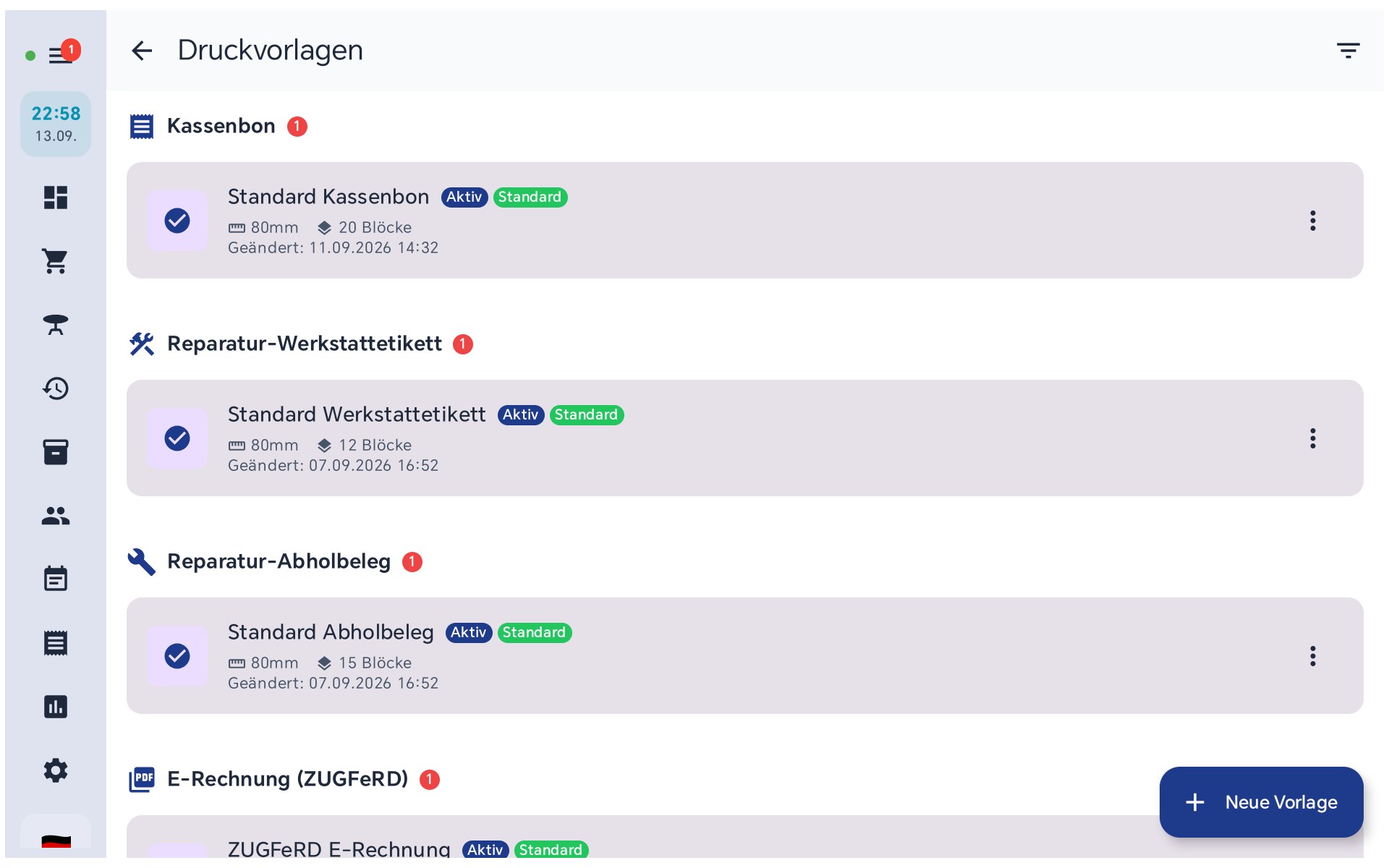Liste der Druckvorlagen mit der Kassenbon-Vorlage