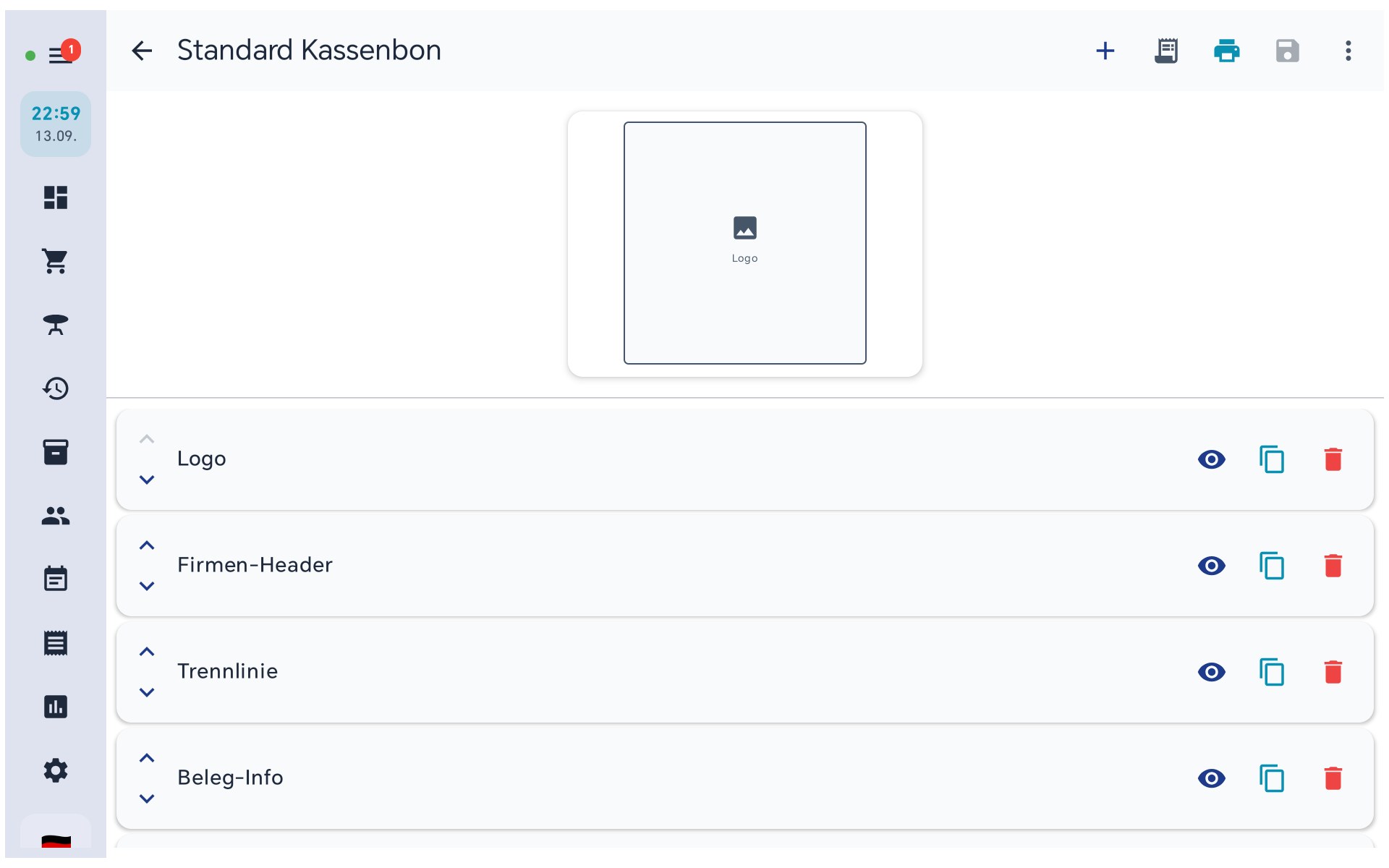 Bon-Designer mit allen Bloecken des Kassenbons