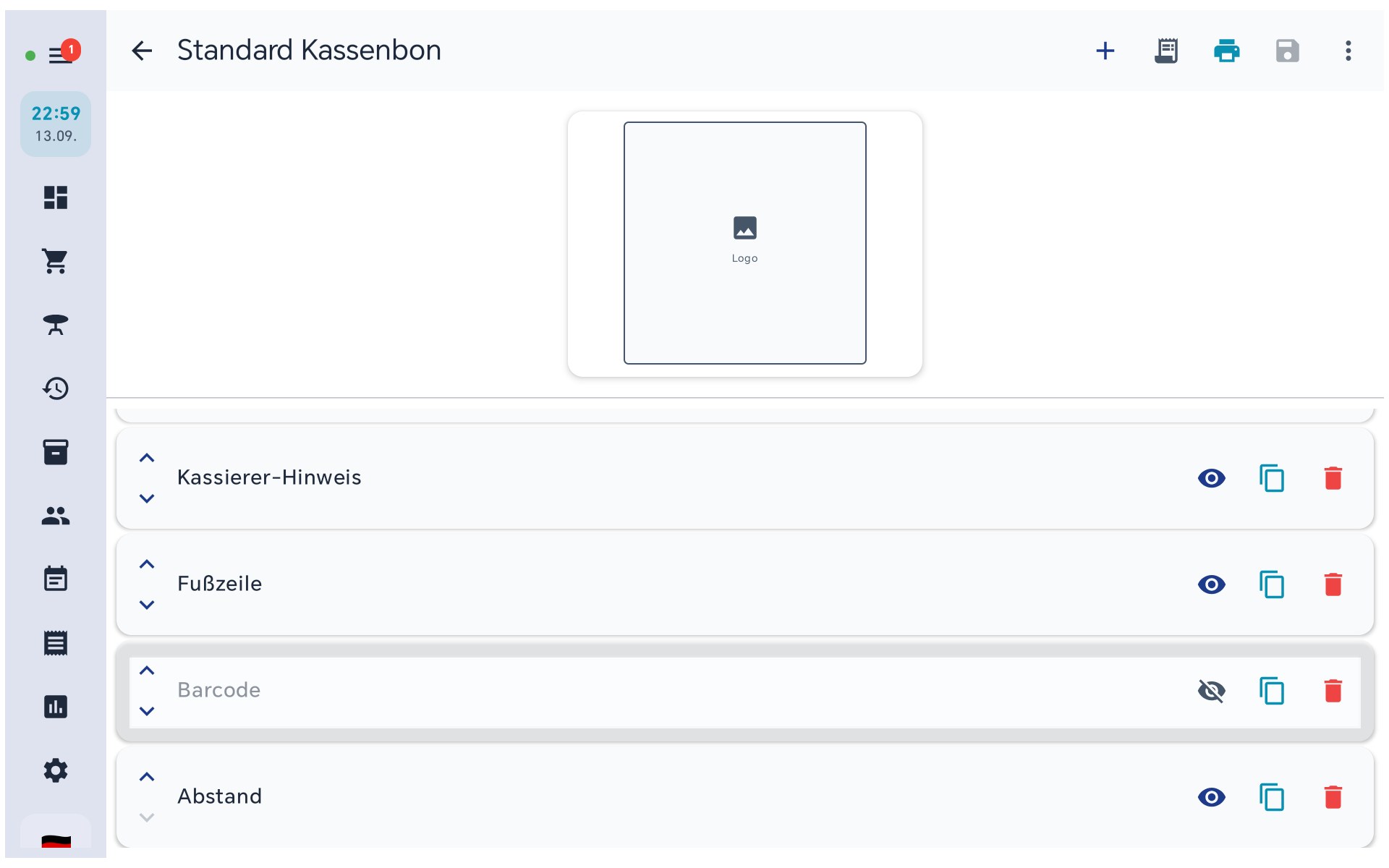 Eingeschalteter Barcode-Block im Bon-Designer