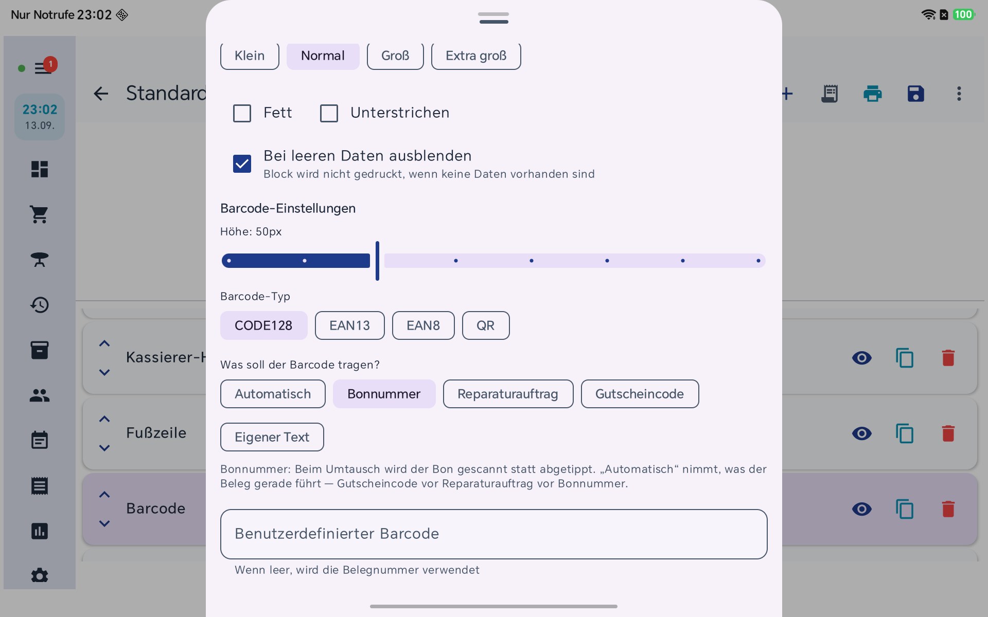 Auswahl Was soll der Barcode tragen mit allen fuenf Inhalten