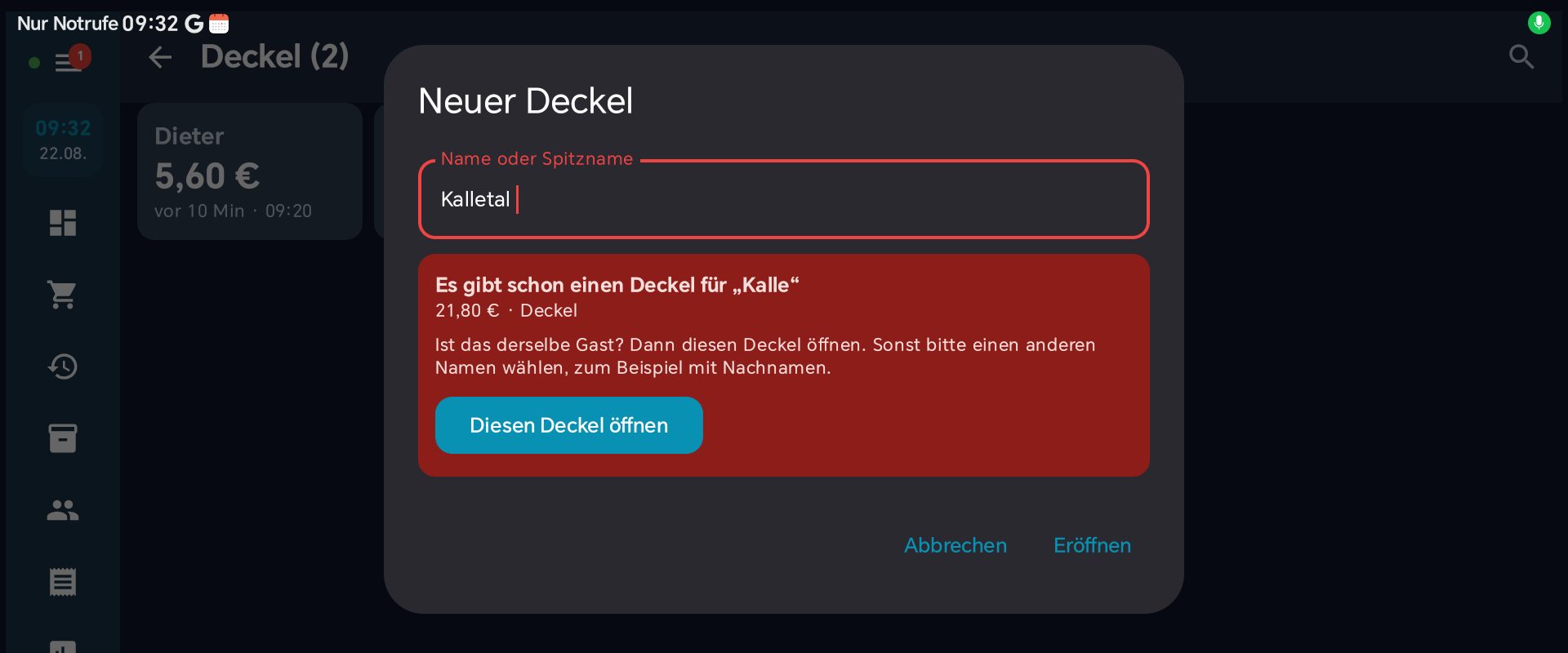 Dialog Neuer Deckel in BISpicy POS mit dem Hinweis, dass es bereits einen Deckel für Kalle mit 21,80 Euro gibt