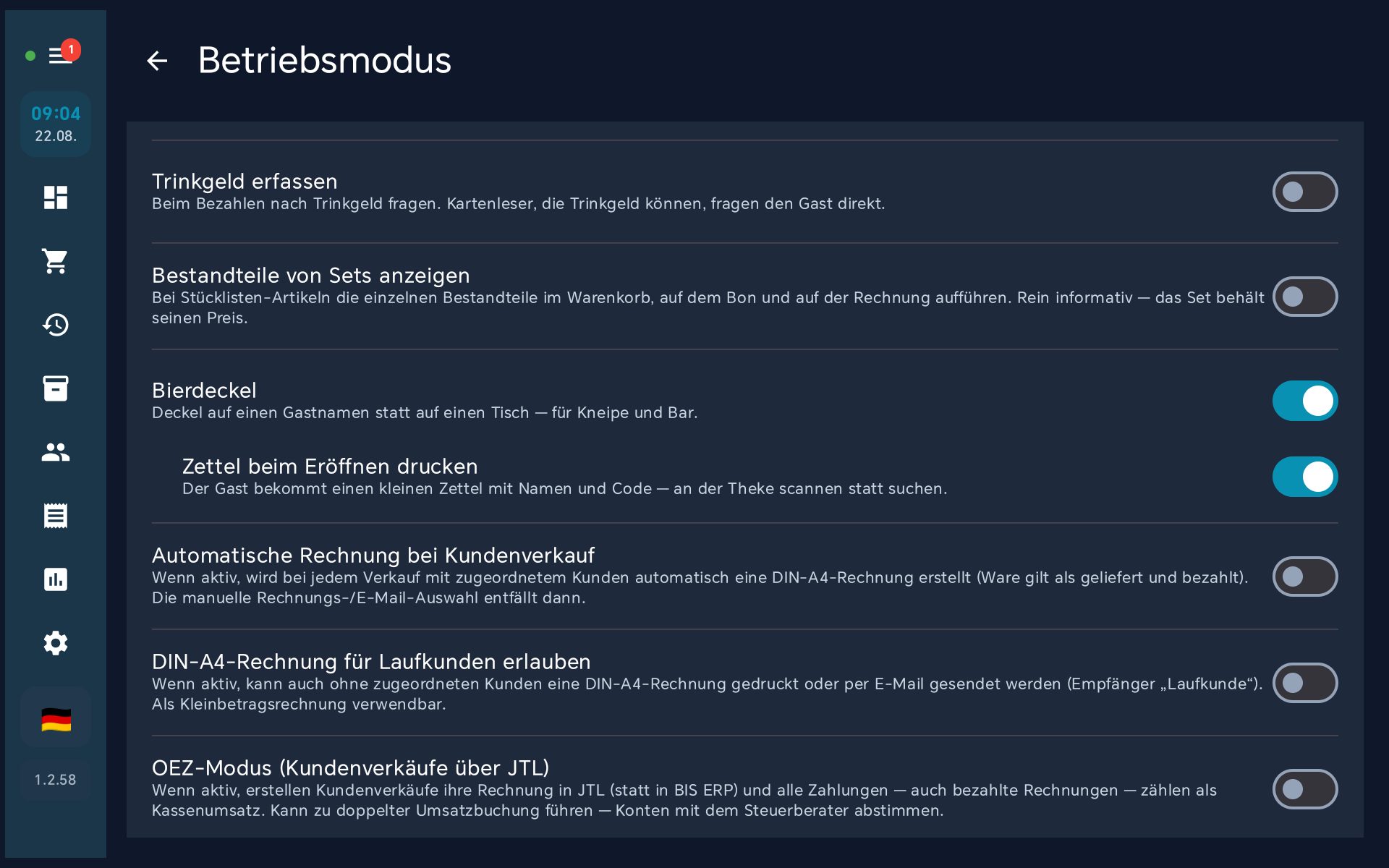 Betriebsmodus-Einstellungen in BISpicy POS mit aktiviertem Schalter „Bierdeckel“ und darunter „Zettel beim Eröffnen drucken“