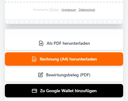 Unteres Ende eines digitalen Bons am Handy mit den Links Impressum und Datenschutz, darunter die Knöpfe Als PDF herunterladen, Rechnung (A4) herunterladen, Bewirtungsbeleg (PDF) und Zu Google Wallet hinzufügen