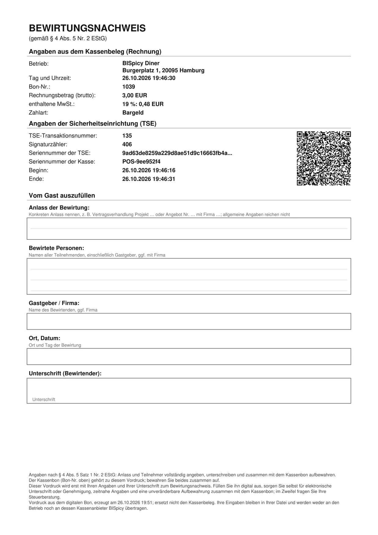 PDF Bewirtungsnachweis gemäß Paragraf 4 Absatz 5 Nummer 2 EStG: oben Angaben aus dem Kassenbeleg mit Betrieb BISpicy Diner, Tag und Uhrzeit, Bon-Nr. 1039, Rechnungsbetrag 3,00 Euro, MwSt. und Zahlart Bargeld, darunter die TSE-Angaben mit Transaktionsnummer, Signaturzähler, Seriennummern, Beginn, Ende und QR-Code, dann die leeren Felder Anlass der Bewirtung, Bewirtete Personen, Gastgeber/Firma, Ort/Datum und Unterschrift, unten der Fußtext