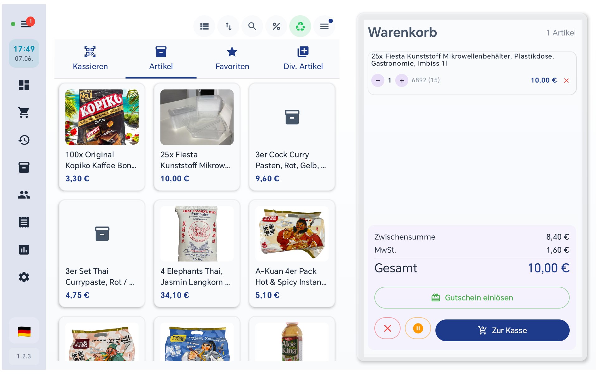 Warenkorb-Zeile mit Plus/Minus, Preis und Entfernen-Symbol in BISpicy POS
