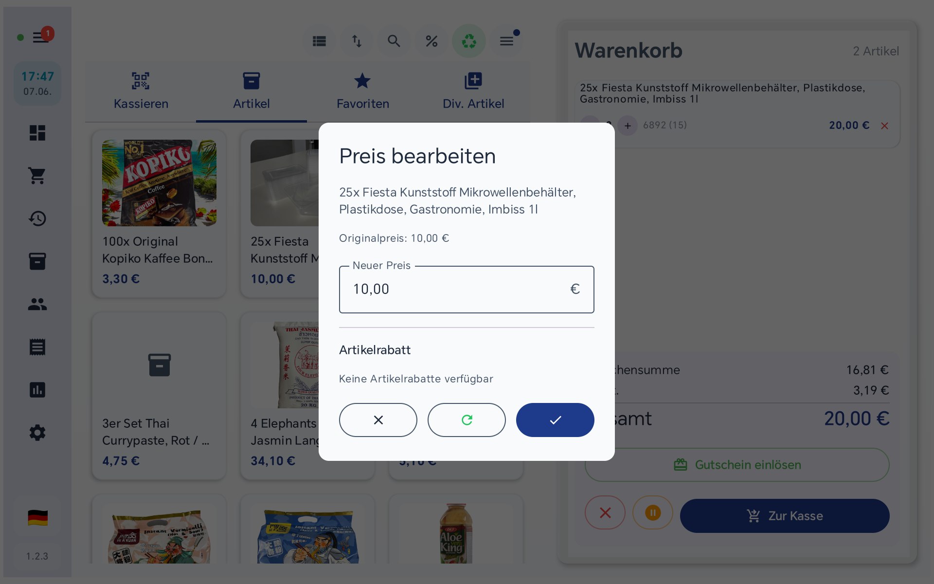 Dialog Preis bearbeiten mit neuem Preis, Artikelrabatt und Zurücksetzen