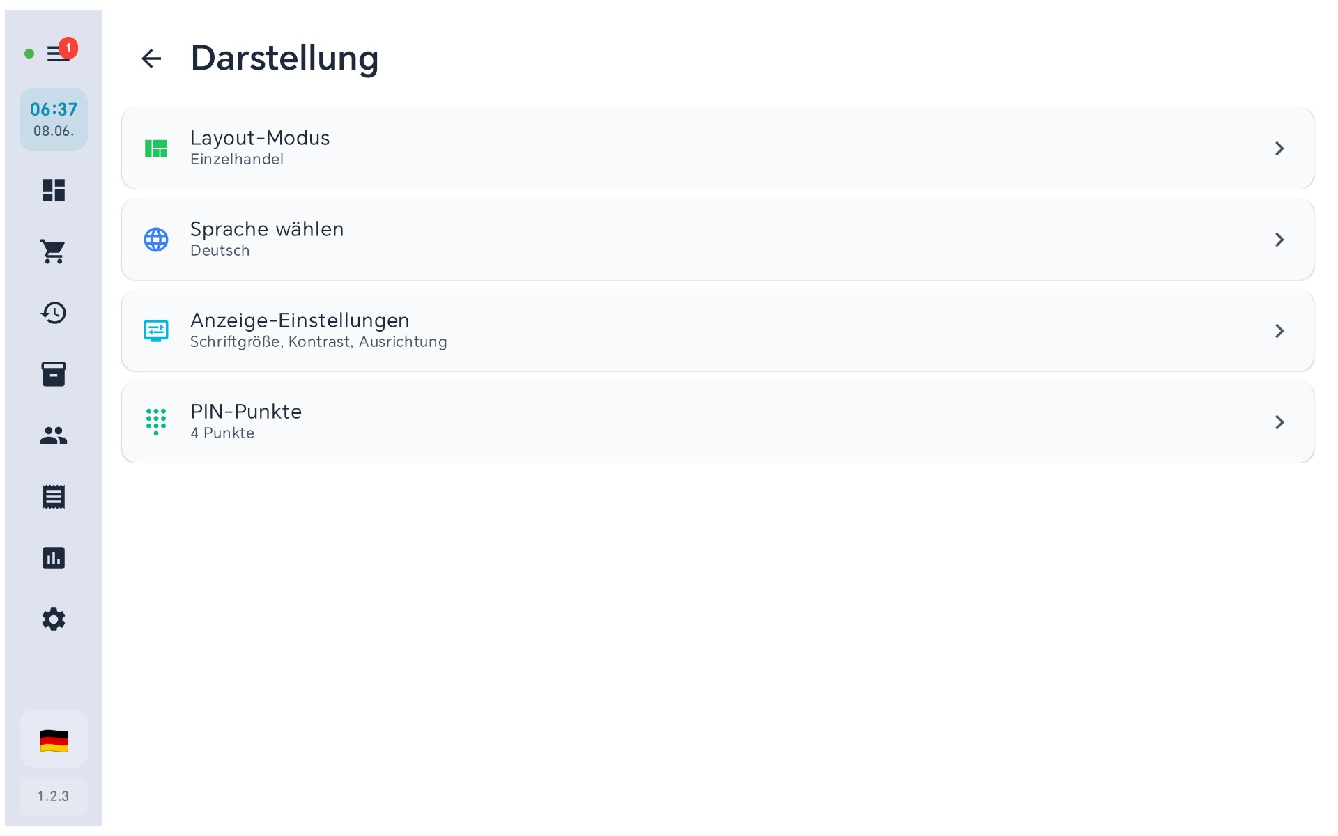 Darstellung-Einstellungen in BISpicy POS: Layout-Modus, Sprache wählen, Anzeige-Einstellungen, PIN-Punkte