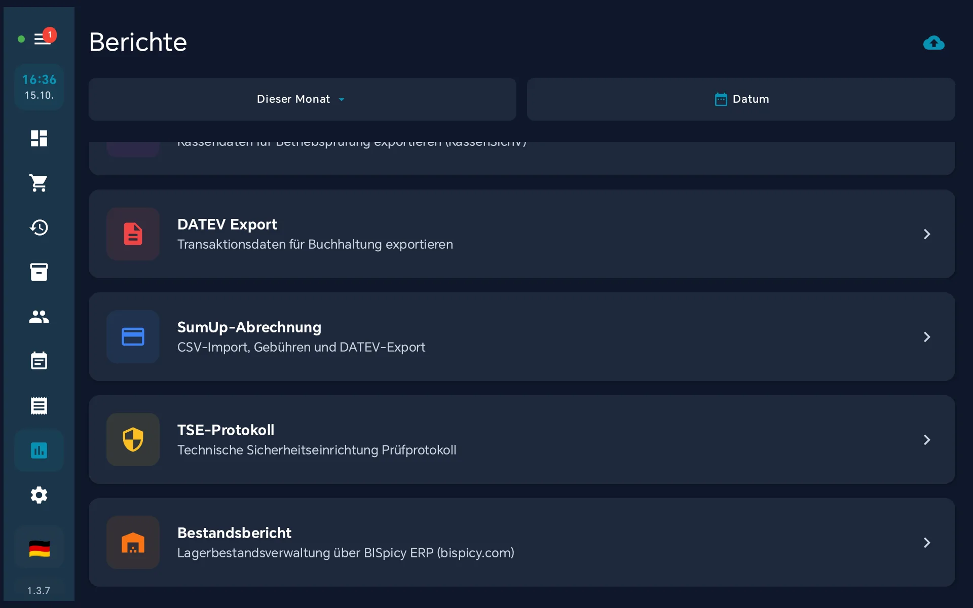 Seite Berichte der Kasse mit den Einträgen DATEV Export, SumUp-Abrechnung, TSE-Protokoll und Bestandsbericht, links die Leiste mit markiertem Berichte-Symbol